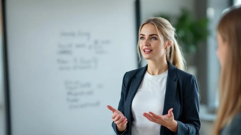 Zwei Personen besprechen Fortbildungsunterlagen in einem Frankfurter Büro