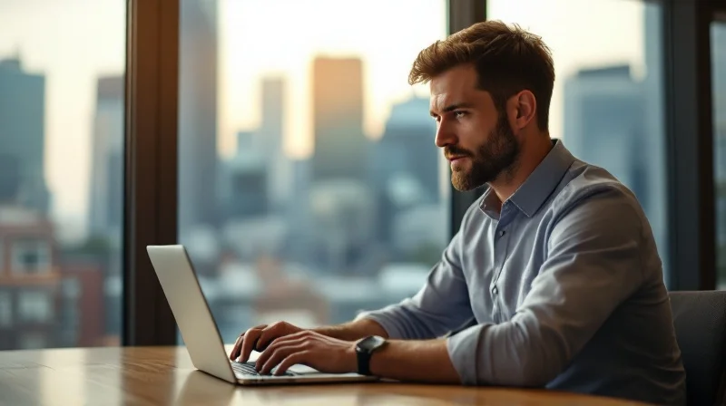 Frankfurter Angestellter im Coworking-Space mit Laptop, im Hintergrund Bankenviertel-Skyline