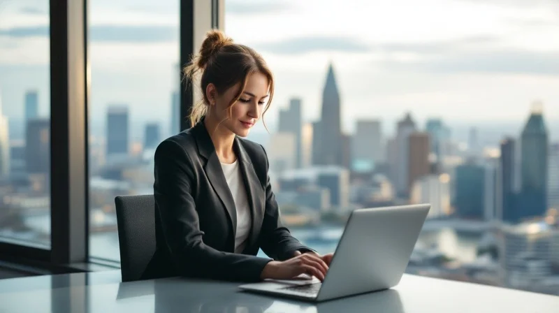 Frankfurter Geschäftsführerin im Hochhausbüro mit Blick auf Skyline und Main