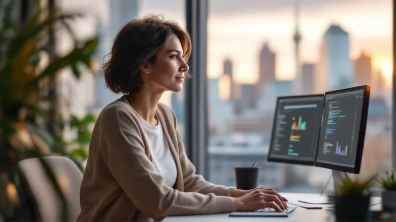 Quereinsteigerin am Schreibtisch mit Frankfurter Skyline und Dual-Monitor mit Code und Dashboards
