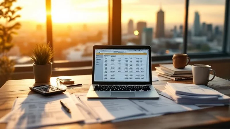 Steuerunterlagen und Laptop mit geöffneter Steuererklärung in einer Frankfurter Wohnung mit Blick auf die Skyline